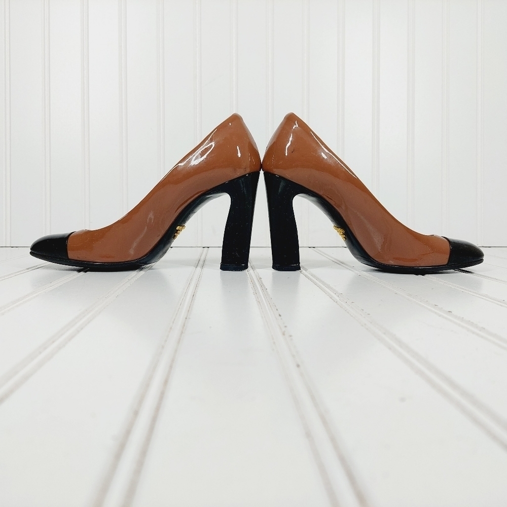 Prada Black Brown Patent Leather Square Toe Slip On Block Heel Pumps B237 - Picture 7 of 15